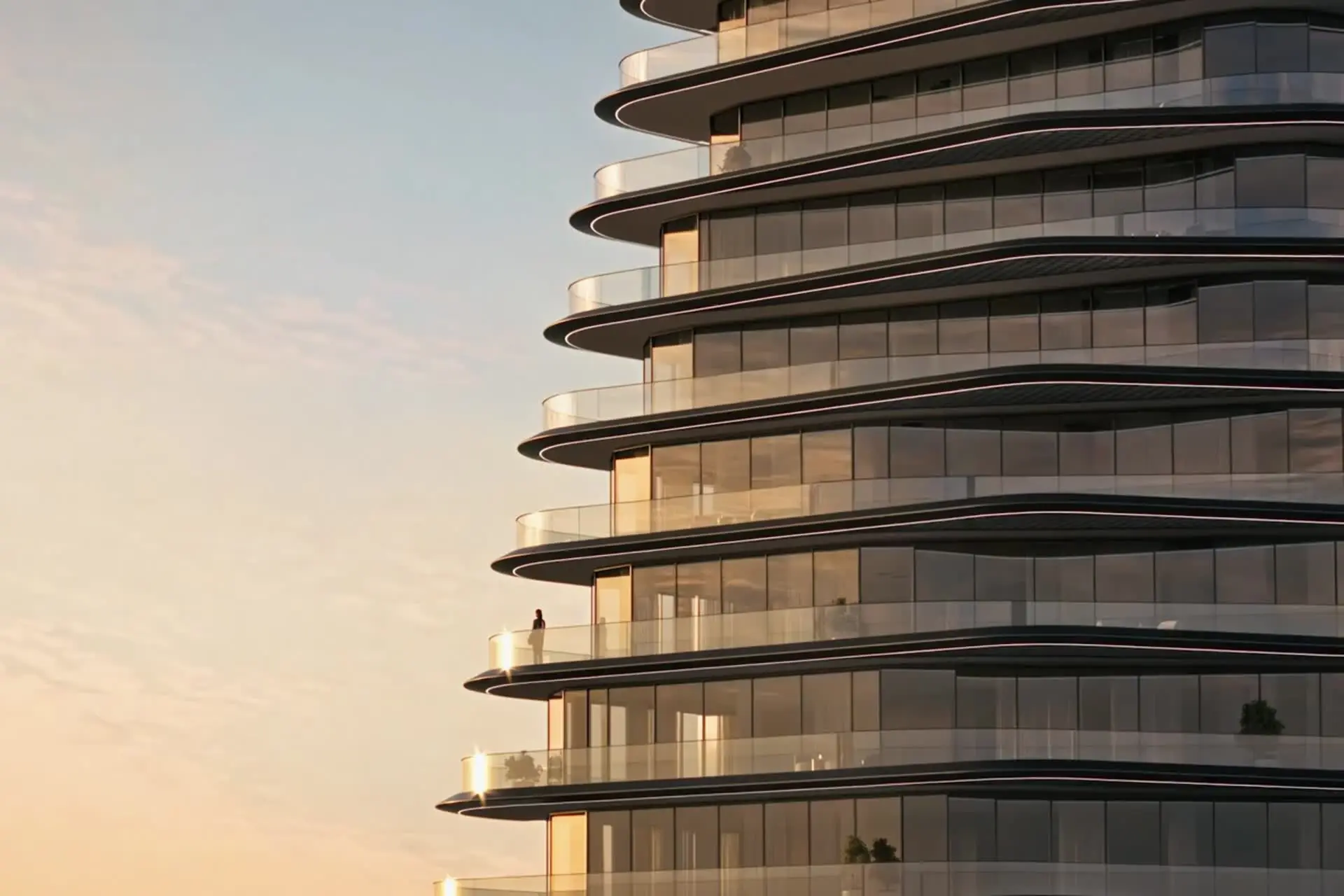 INAURA, Dubai: Arada branded residence, teaser still by ZOA Studio of the sky lounge and its iridescent sphere at dusk