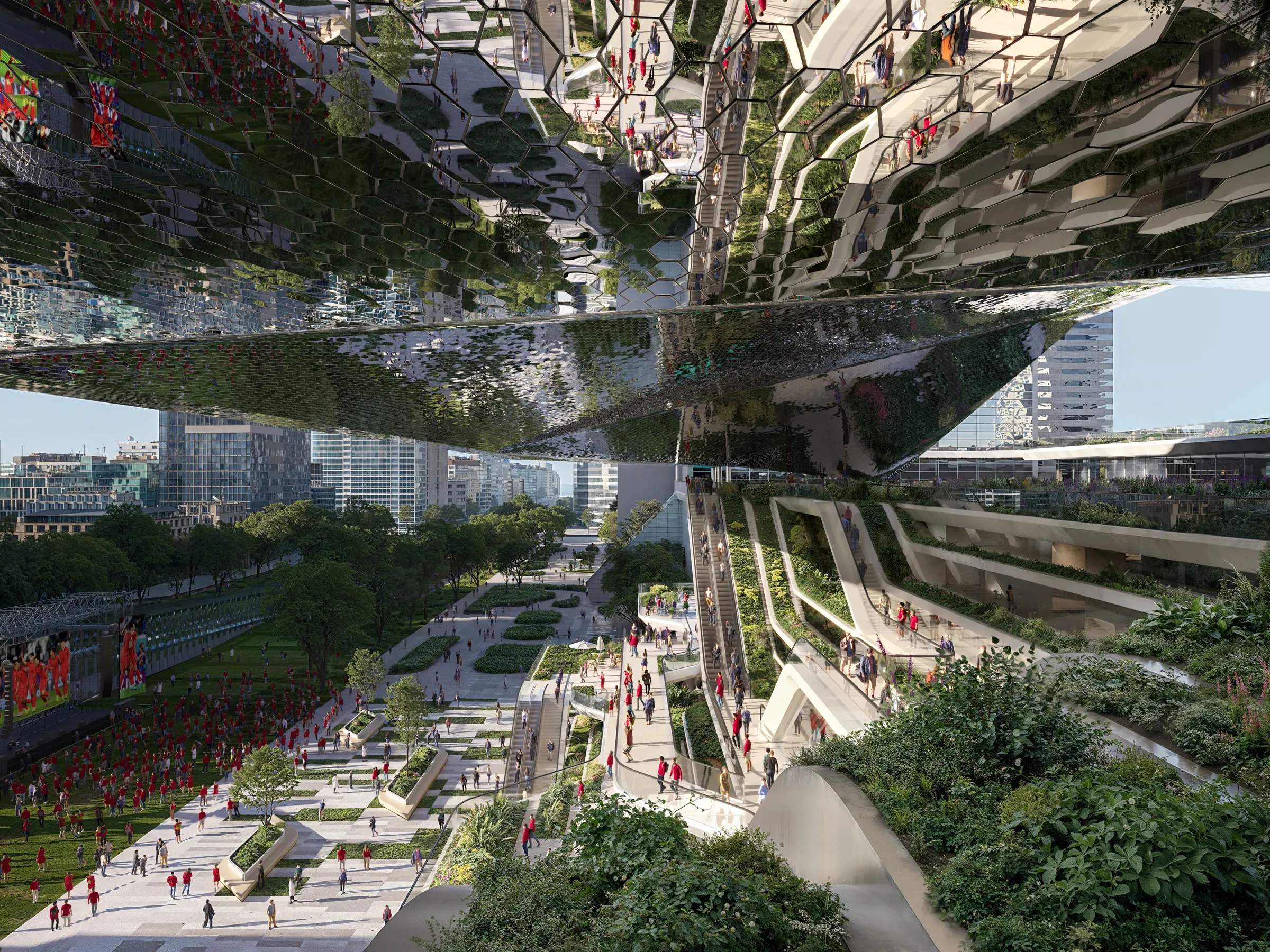 COEX-VENUE, Seoul: competition rendering by ZOA Studio for UNStudio of the mirrored facade