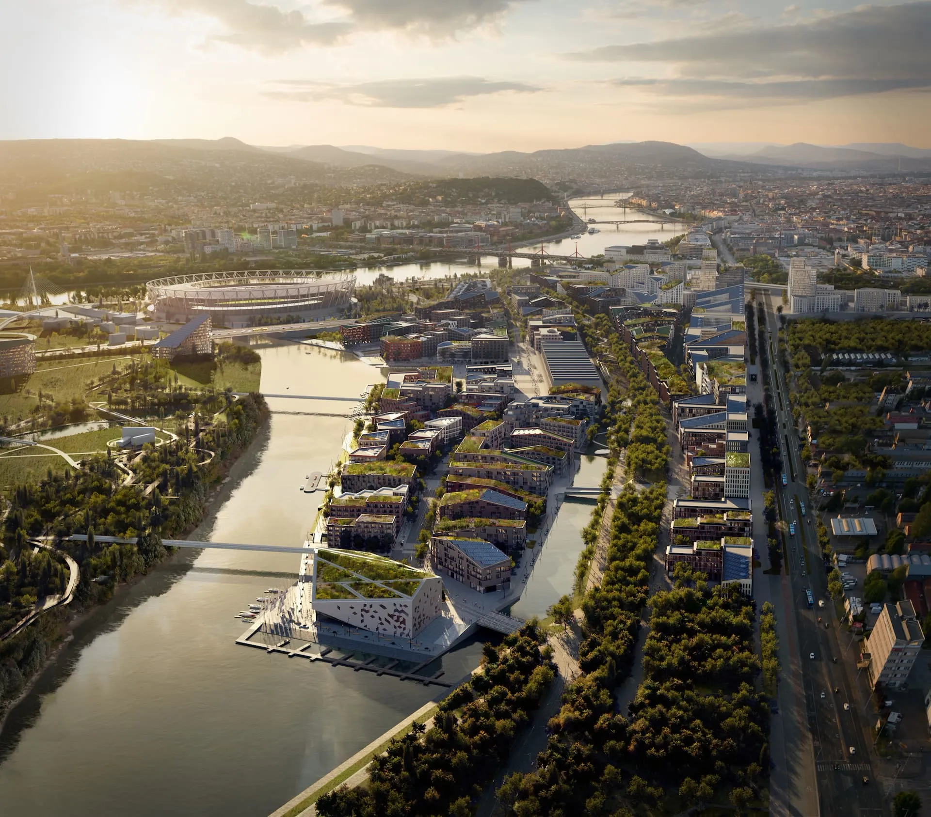 Budapest South Gate for Snøhetta: ZOA Studio aerial rendering of the Danube masterplan at golden hour