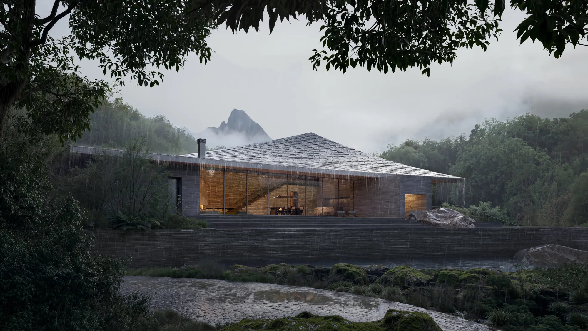 NOT A HOTEL, Satio in Yakushima, Japan: competition rendering by ZOA Studio of the house in the rain among the forest