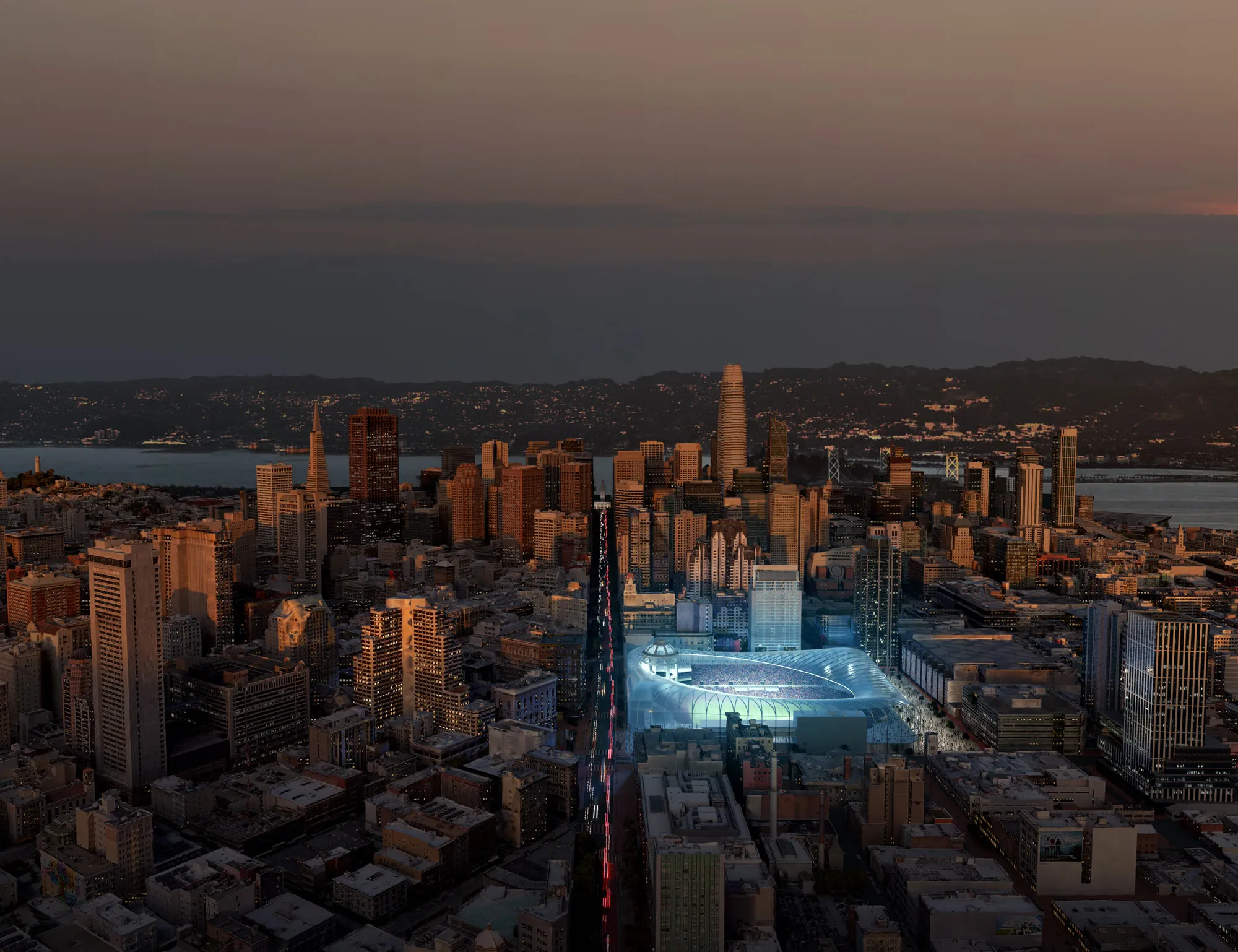 Downtown Stadium, San Francisco: dusk aerial rendering by ZOA Studio for Gensler of the lit stadium within the city skyline