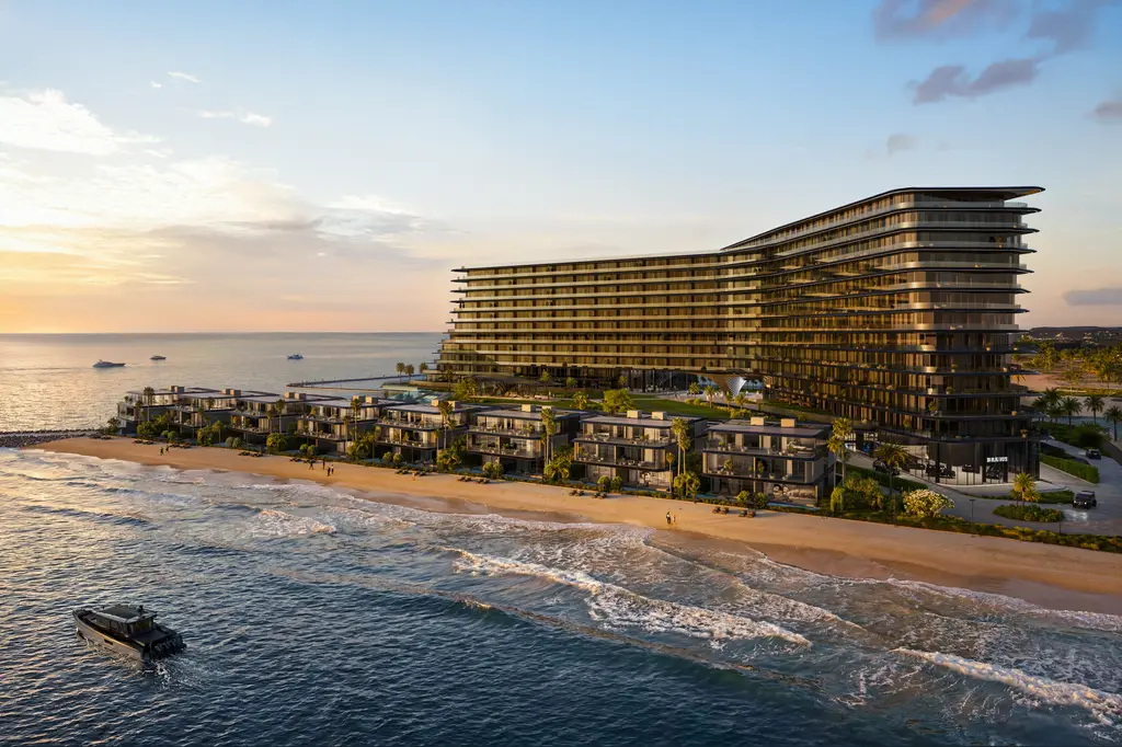 Brabus Island, Baku: ZOA Studio aerial rendering of the branded residence on the waterfront at golden hour