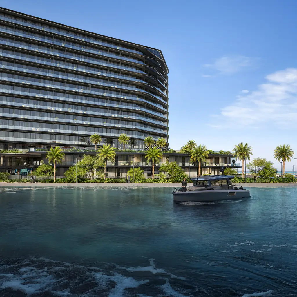 Brabus Island, Baku: ZOA Studio rendering of the branded residence on the waterfront with a yacht arriving