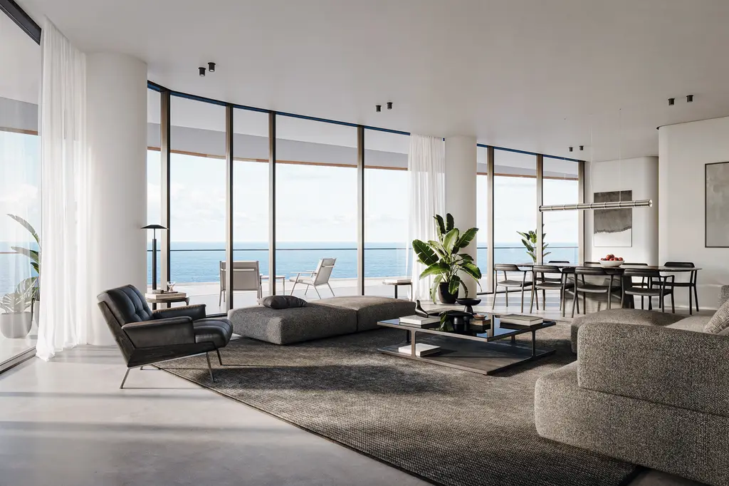 Reportage Heights, Baku: ZOA Studio rendering of a high-floor residence living room with a sea view