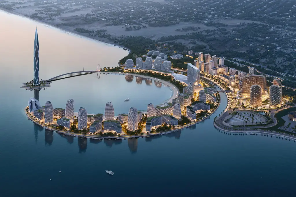 Reportage Heights, Baku: ZOA Studio aerial masterplan rendering of the curving residential towers beside the crescent island at night