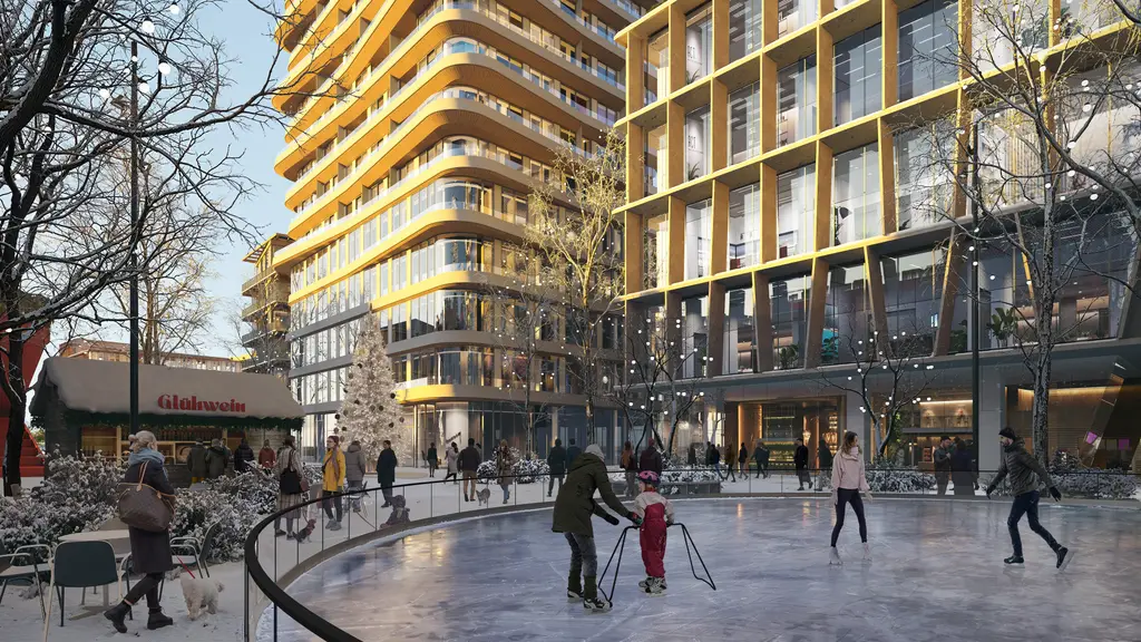 Sugar Valley, Munich for Salvis AG: ZOA Studio rendering of the winter ice rink and warmly lit buildings, full of people