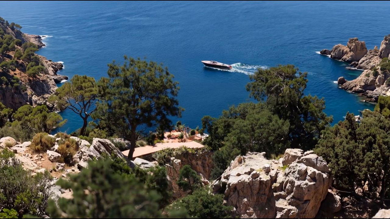 Product visualization by ZOA Studio: a still of the yacht on a rocky coastline that opens the product reel